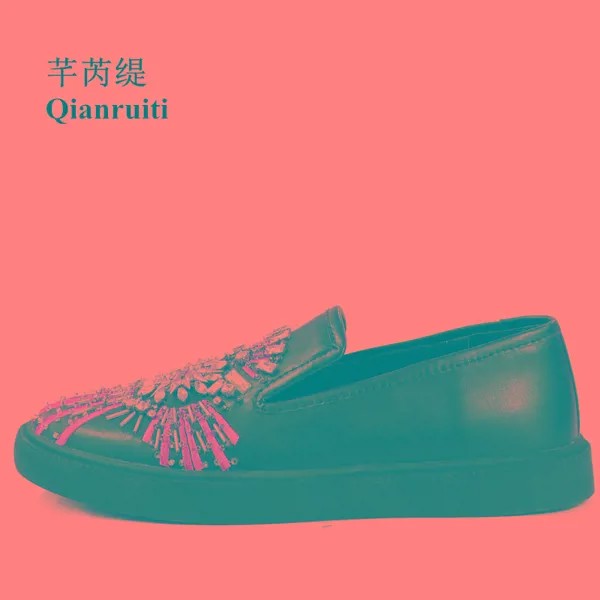 Qianruiti/Новинка 2019 года; модные дизайнерские мужские туфли с вышивкой и стразами; слипоны с кристаллами на плоской подошве; Мужская обувь со стразами