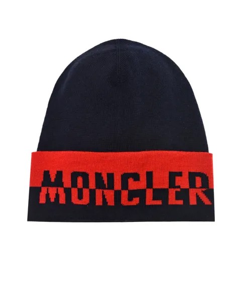Темно-синяя шапка с логотипом на отвороте Moncler
