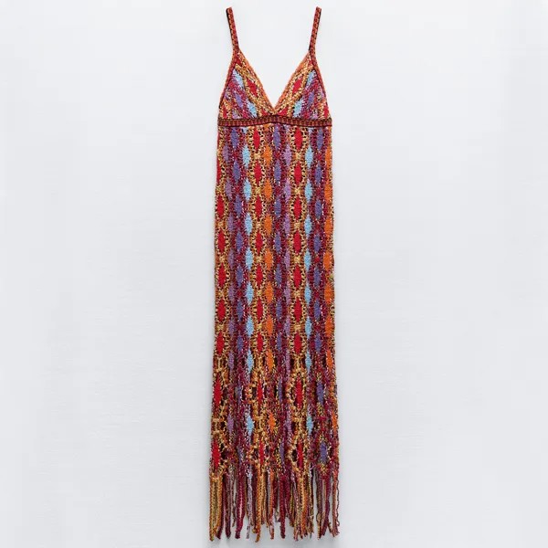 Платье Zara Knit Midi With Fringing, мультиколор