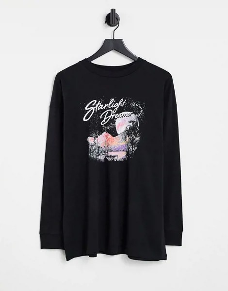 Черный свободный лонгслив бойфренда с графическим принтом Cotton:On-Черный цвет