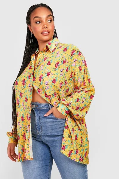 Рубашка оверсайз plus с цветочным плиссом Boohoo, горчичный