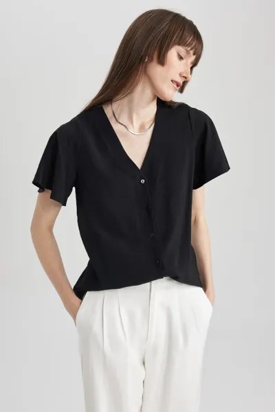 Блузка стандартного кроя с V-образным вырезом и короткими рукавами DeFacto, черный