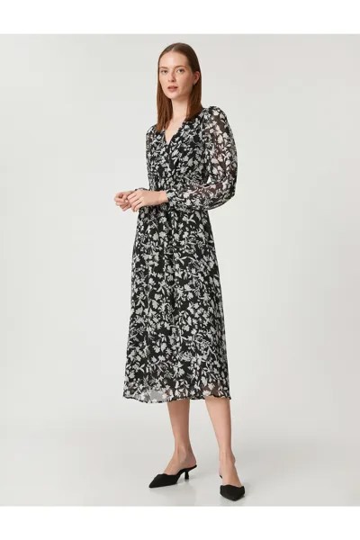 Платье-миди из шифона с цветочным принтом и длинными рукавами Koton, черный