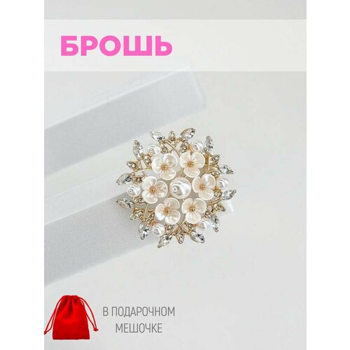 Брошь, фианит, искусственный камень, белый, золотой