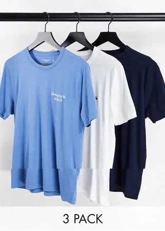Набор из 3 футболок голубого, черного и белого цветов с небольшим логотипом Abercrombie & Fitch-Многоцветный