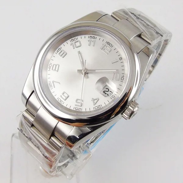 Мужские серебристые автоматические часы 39 мм, польский Безель MIYOTA 8215, матовый устричный ремешок, дубинки, ручные деловые наручные часы