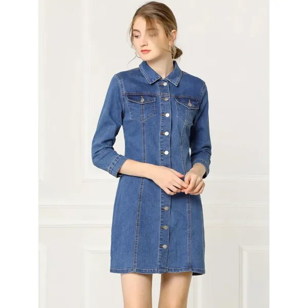 Женское джинсовое платье-рубашка узкого кроя с рукавами 3/4 на пуговицах ALLEGRA K, синий