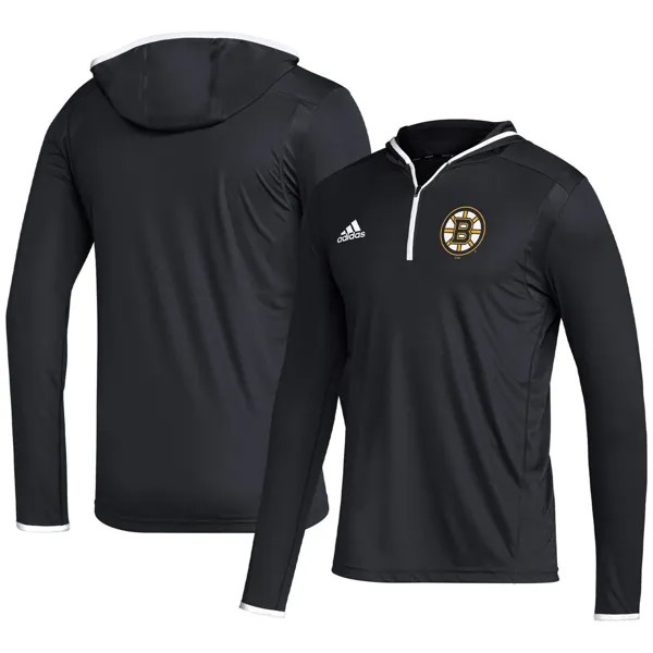 Мужская черная футболка с капюшоном и молнией в четверть с длинными рукавами adidas Boston Bruins Team