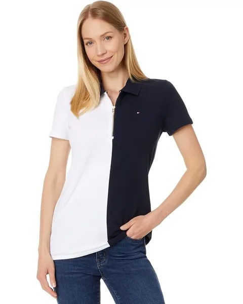 Поло Tommy Hilfiger Short Sleeve Color-Block Zip, цвет Bright White/Sky Captain