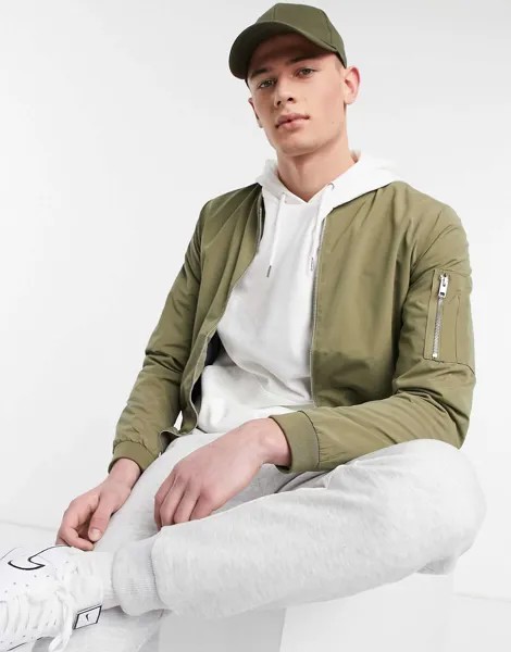 Бомбер на молнии Jack & Jones Essentials цвета хаки