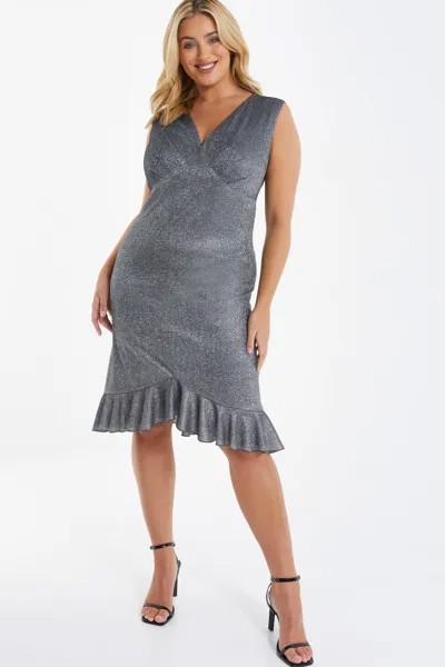 Серебряное облегающее платье миди с оборками Quiz Curve, серебрянный