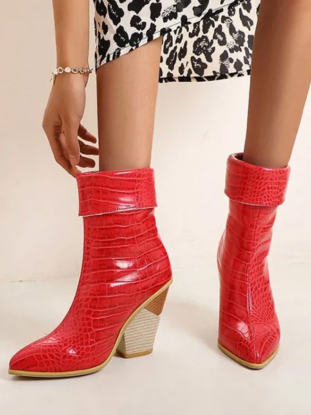 Milanoo Women Ankle Boots Red Leather Pointed Toe Chunky Heel Snakeskin Print Booties