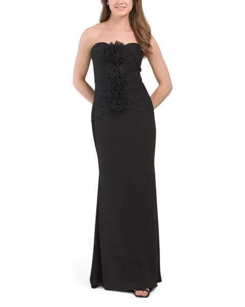 Каскадное платье из тюля без бретелек с розеткой Badgley Mischka, черный