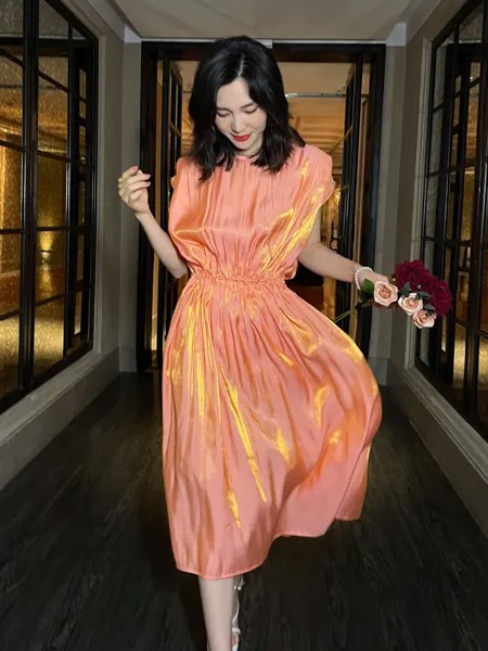 Женское Хлопковое платье с завышенной талией, оранжевое платье-пуловер с коротким рукавом и эластичным поясом, яркое платье золотистого цвета, на лето