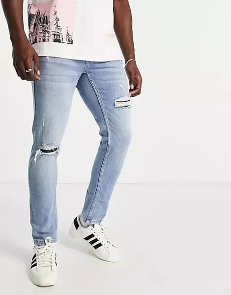 Узкие джинсы Pull&Bear с разрезами, голубой