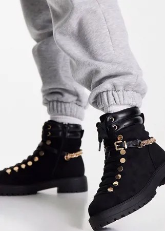 Черные походные ботинки с отделкой цепочкой для широкой стопы ASOS DESIGN Arabelle-Черный цвет