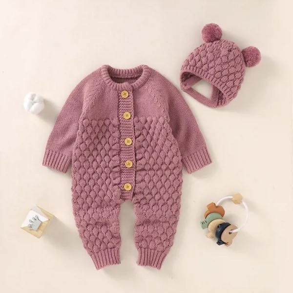 Baby Romper Длинный рукав Осень Зима Теплый Трикотаж новорожденных Мальчики Девочки Комбинезоны Шапки 2шт Наряды Малыш Дети Комбинезон Одежда