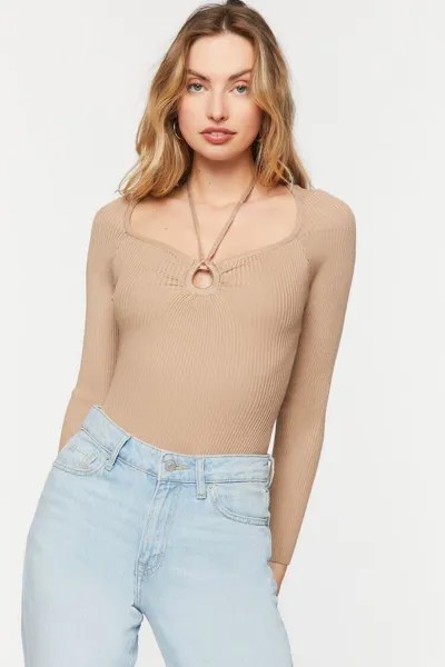 Боди с длинными рукавами и вырезом через шею Forever 21, хаки