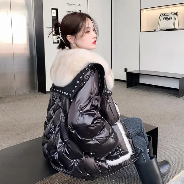 Модная дизайнерская женская куртка-пуховик с матросским воротником и бисером, зимние теплые пуховики, Женская винтажная утепленная Корейская элегантная верхняя одежда