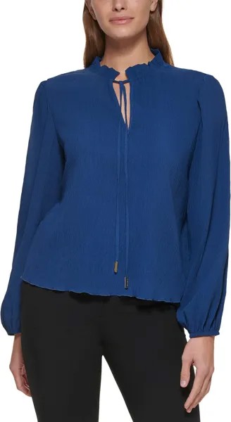 Топ DKNY Long Sleeve Pleated Top with Neck Tie, цвет Lapis Blue