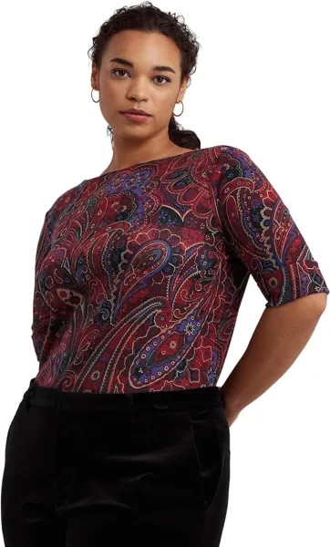 Футболка LAUREN Ralph Lauren Plus-Size Checked Paisley Cotton Boatneck Tee, цвет Red/Black/Multi