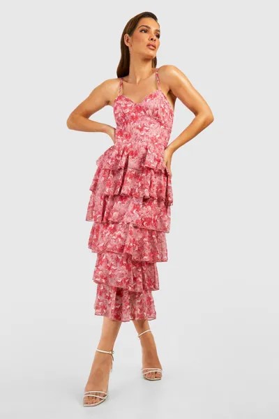 Платье миди из шифона с цветочным ремешком Boohoo, розовый