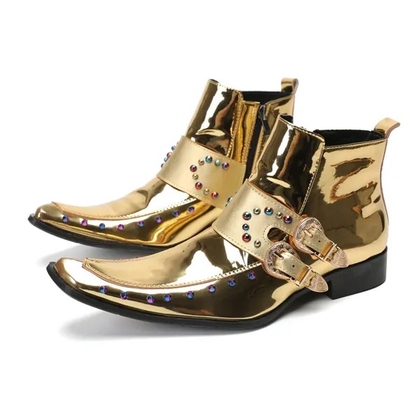 Золотые лакированные кожаные мужские ботильоны с ремешками и пряжками, женская обувь, яркие заклепки, водонепроницаемые ботинки, Новая рабочая обувь на молнии
