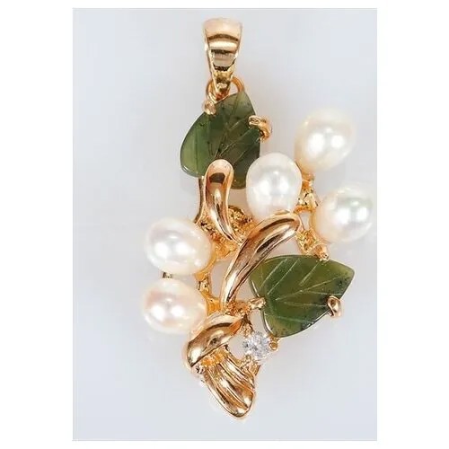 Подвеска Lotus Jewelry, нефрит, жемчуг пресноводный культивированный, белый, зеленый