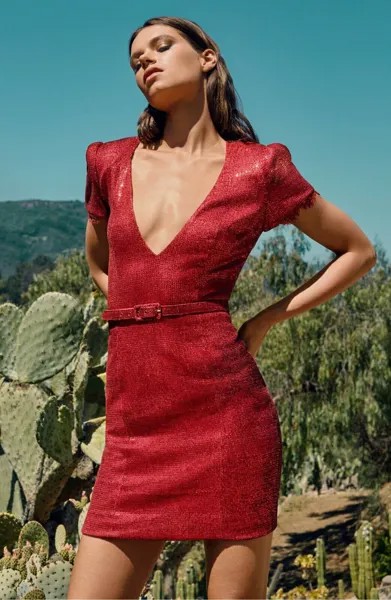 HANEY Багрово-красное платье Lyz с v-образным вырезом, вышитым пайетками, поясом и кружевной отделкой 4 США S