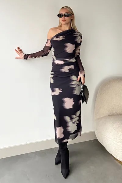 Женское тканое платье антрацитового цвета с асимметричным воротником и батиковым узором на плечах с глубоким вырезом ALC-X11264 Trend Alaçatı Stili, серый