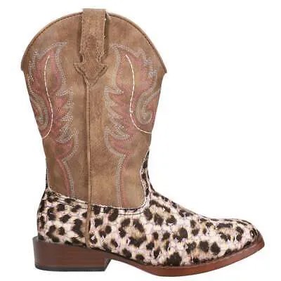 Roper Glitter Leopard Square Toe Cowboy Youth Girls Brown Casual Boots 09-018-1