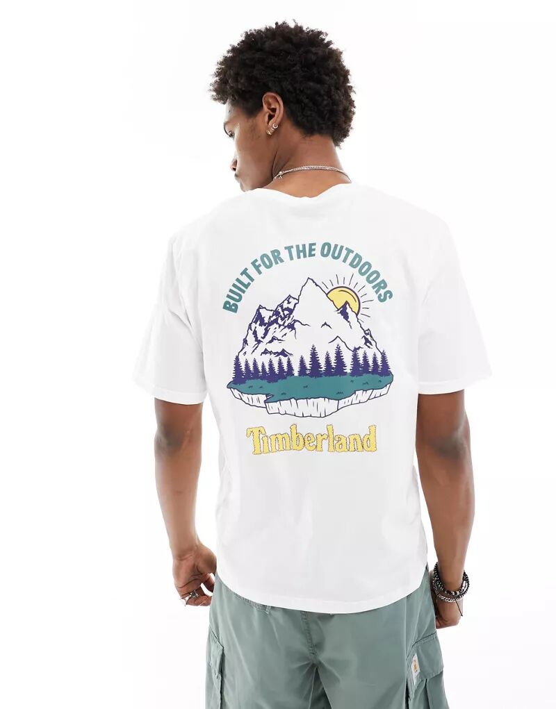 Белая футболка оверсайз Timberland с принтом в виде горного пейзажа на спине