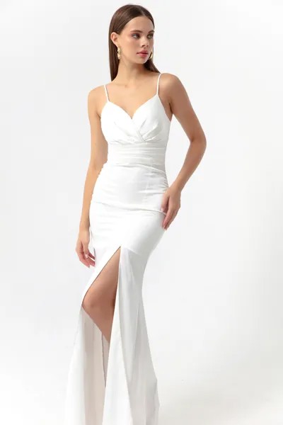 Женское белое длинное атласное вечернее платье с разрезом на бретельках и выпускное платье Lafaba, белый