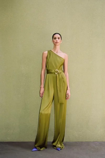 Асимметричный атласный комбинезон ZARA, оливково-зеленый