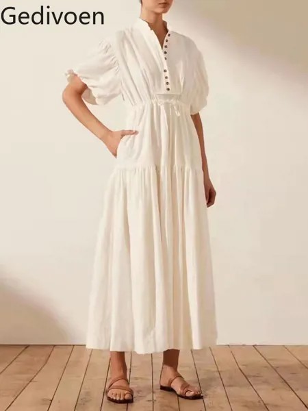 Женское платье-миди Gedivoen, летнее модное дизайнерское платье с рукавами-фонариками, свободные однотонные платья с широкой юбкой и принтом