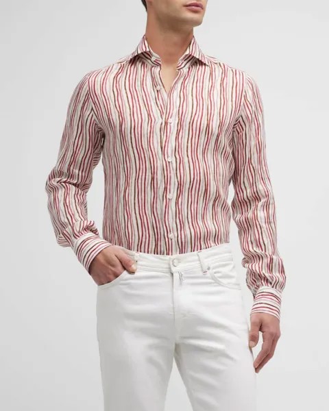 Мужская льняная классическая рубашка в полоску с росписью Isaia
