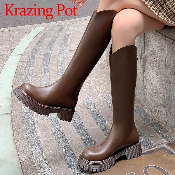 Сапоги Krazing Pot длинные на среднем каблуке, натуральная кожа, круглый носок, прошивка, платформа, модные ботфорты на молнии, корейский стиль, для верховой езды
