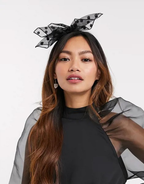 Ободок с бантом из органзы в горошек ASOS DESIGN-Черный цвет
