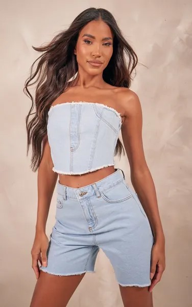 PrettyLittleThing Голубые удлиненные джинсовые шорты с необработанными краями