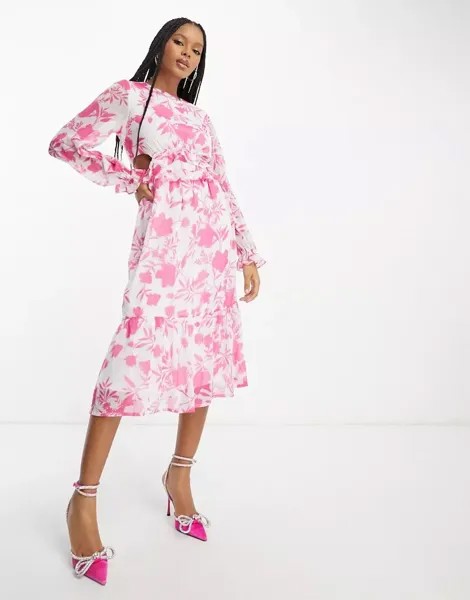 Бело-розовое шифоновое платье миди In The Style с вырезом по бокам и цветочным принтом