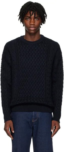 Темно-синий вязаный свитер косой вязки Sunspel
