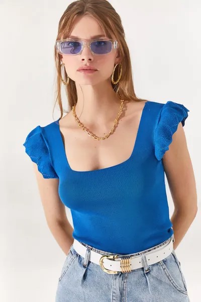 Женская летняя трикотажная блузка с рукавами цвета индиго и оборками Olalook, синий