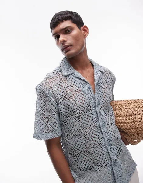 Синяя рубашка в клетку Topman средней длины с короткими рукавами крючком