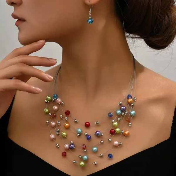 Bohemia Crystal Beads Ожерелье Серьга для женщин Ювелирный набор Модный многослойный шнур Бохо Чокер Воротник Винтажные аксессуары