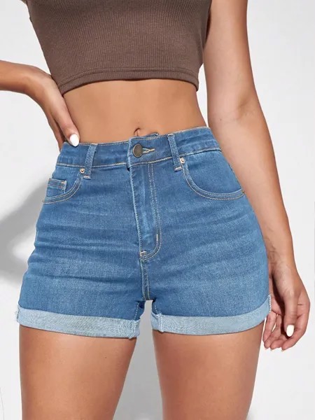 SHEIN Essnce джинсовые шорты, подвернутая рубашка, средний джинсовый цвет.