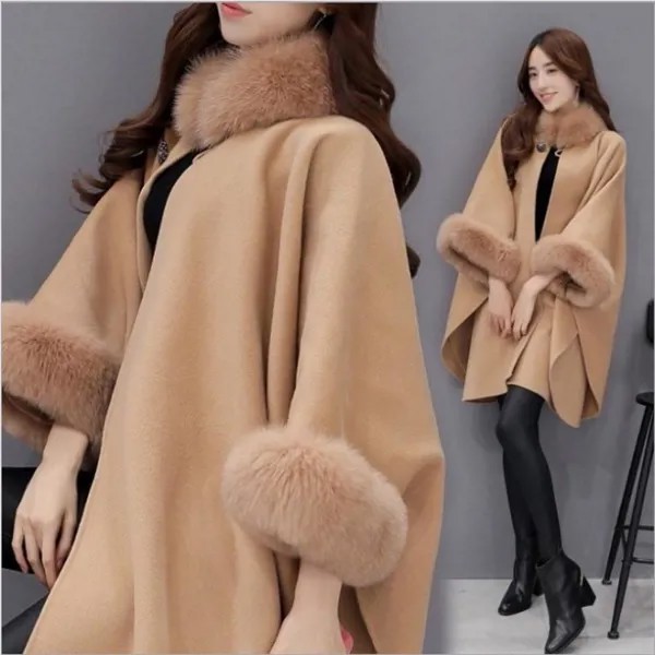 Зимняя корейская версия лисьего меха воротник длинная шерсть шерстяной темперамент плащ шаль пальто женское
