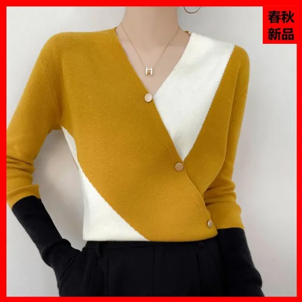 Весенний облегающий кардиган 2022, новый вязаный свитер контрастных цветов с японской прострочкой, базовый цветной пуловер с V-образным вырезом