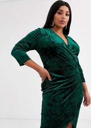 Изумрудно-зеленое бархатное платье миди с запахом TFNC Plus-Зеленый цвет