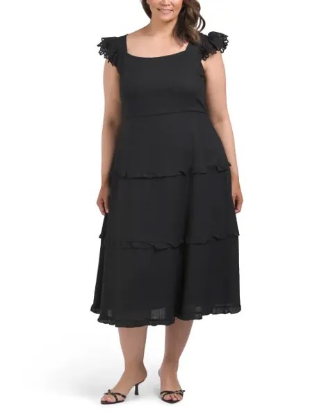 Многоярусное платье миди из смесового льна Plus с рюшами Anne Klein, цвет Anne Black
