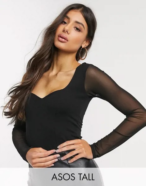 Боди черного цвета с вырезом сердечком и сетчатыми рукавами ASOS DESIGN Tall-Черный